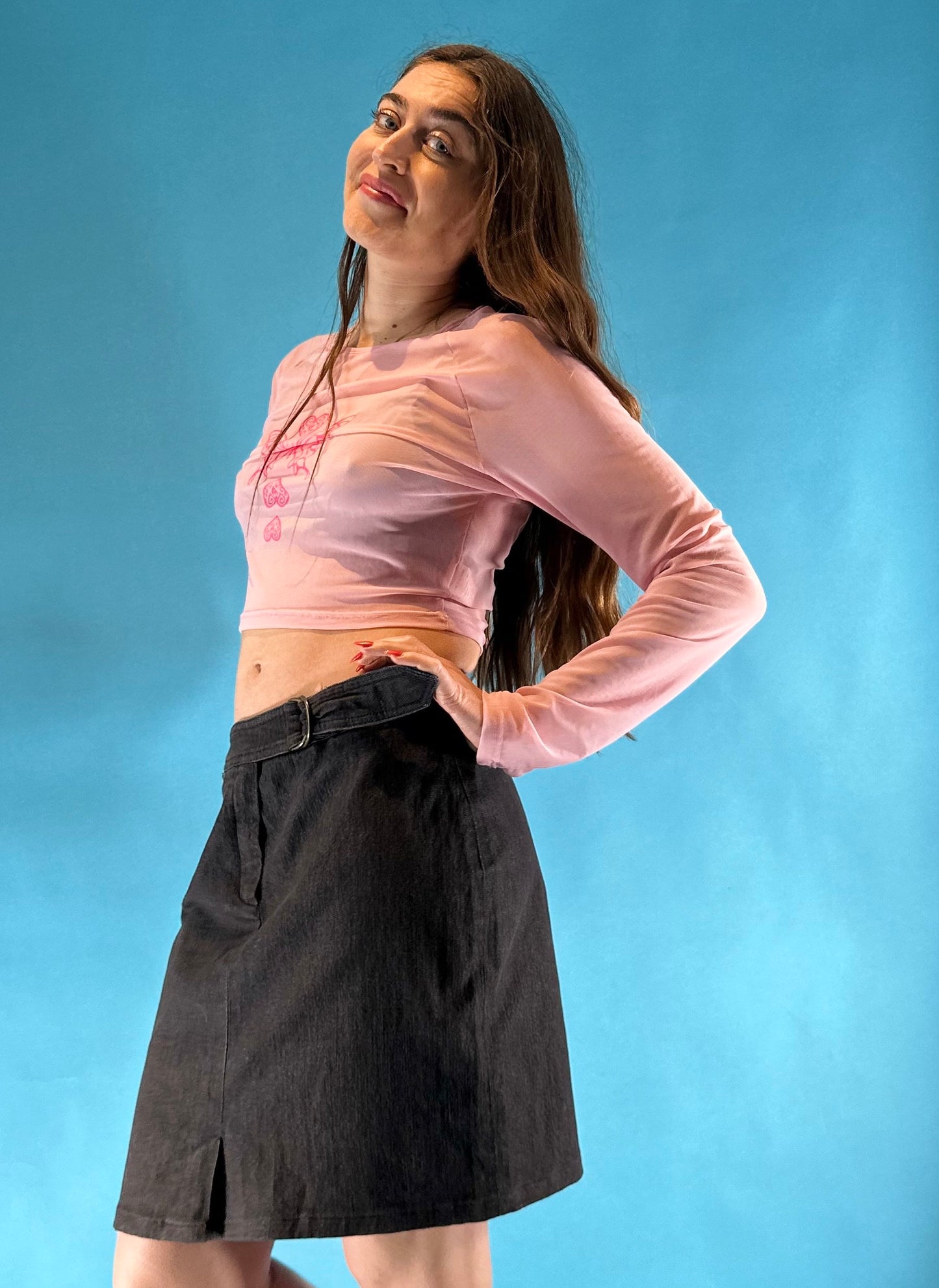 Vintage 1990s Black Denim D-Ring Above Knee Length Skirt.