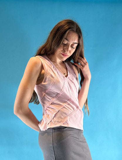 Vintage Y2K Baby Pink V Neck Top with Frill Chevron Details.