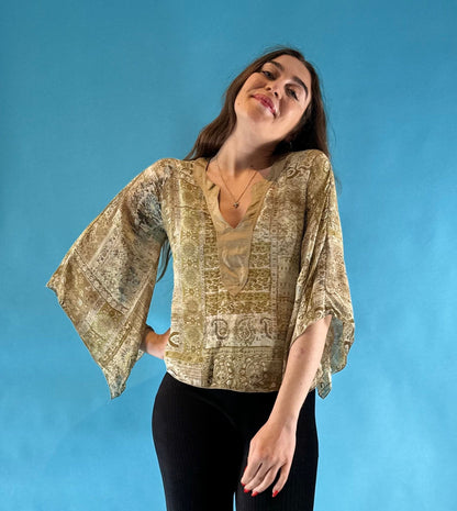 Beautiful Preloved 1970s Style Paisley Floral Printed Fluted Angel Sleeve Blouse S M