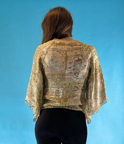 Beautiful Preloved 1970s Style Paisley Floral Printed Fluted Angel Sleeve Blouse S M