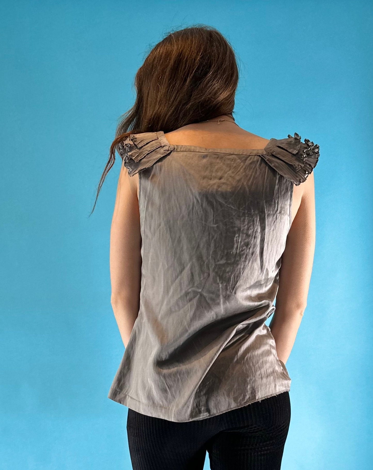 Vintage Y2K Grey Silver Satin Frilly Sleeveless Top.