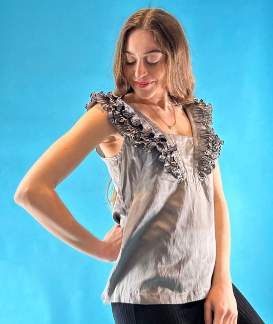 Vintage Y2K Grey Silver Satin Frilly Sleeveless Top.