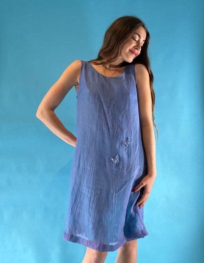 Vintage 1990s Y2K Blue Silky Day Dress with Cute Butterfly Details.