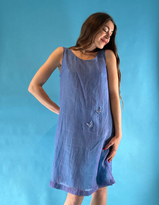 Vintage 1990s Y2K Blue Silky Day Dress with Cute Butterfly Details.