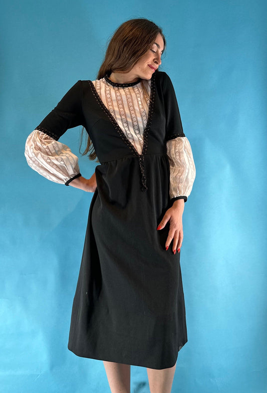 Authentic Vintage 1970s Cottage Core British Tea Evening Black Dress with Lace Underlay Balloon Sleeves Frill Trim.