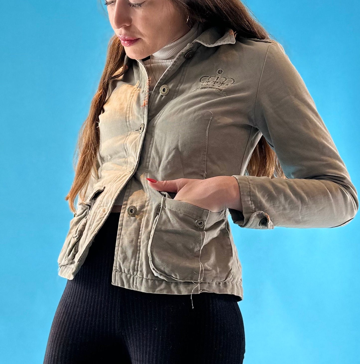 Vintage Y2K 2000s Khaki Denim Cropped Jacket with Frill Embroidery Details.