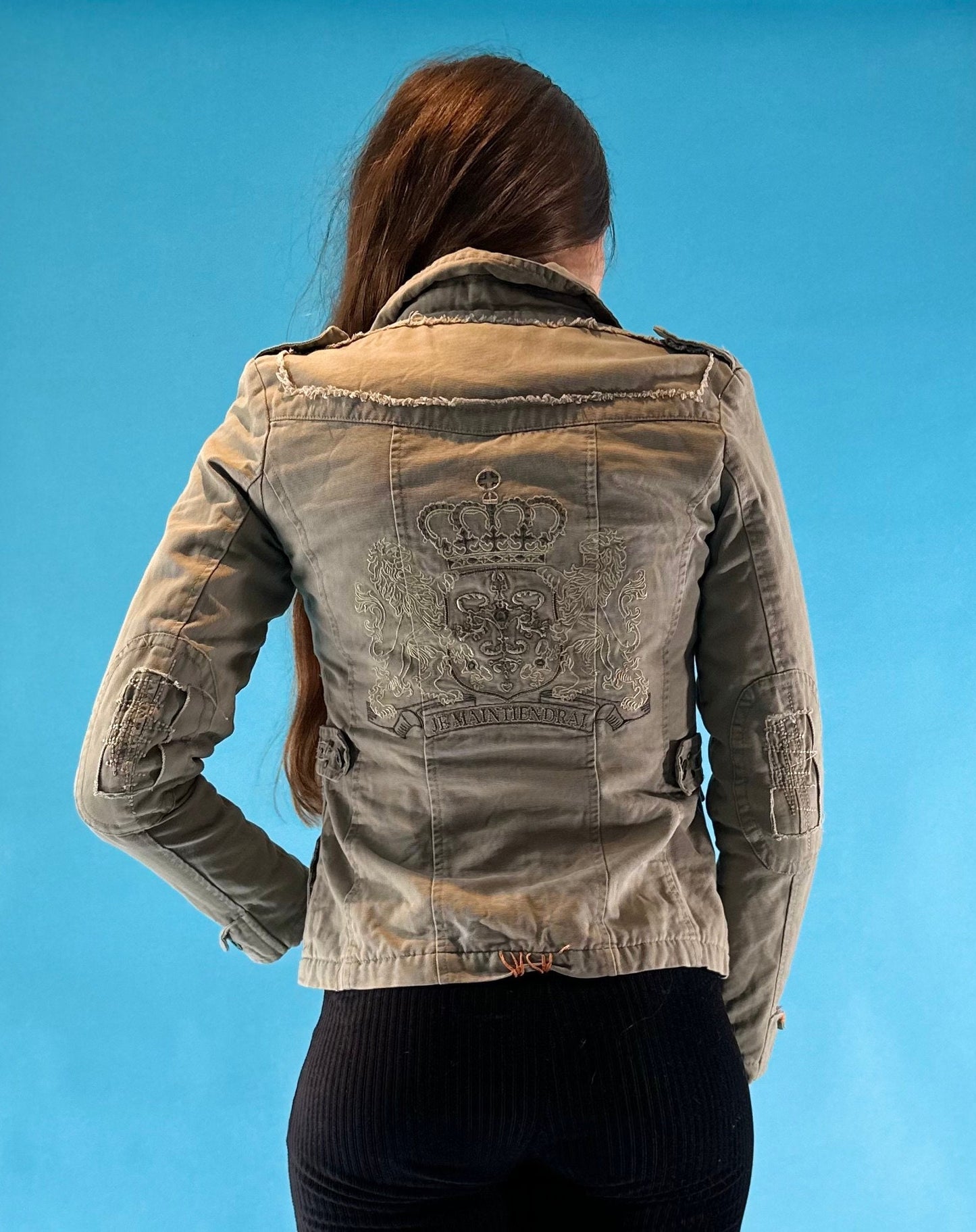 Vintage Y2K 2000s Khaki Denim Cropped Jacket with Frill Embroidery Details.