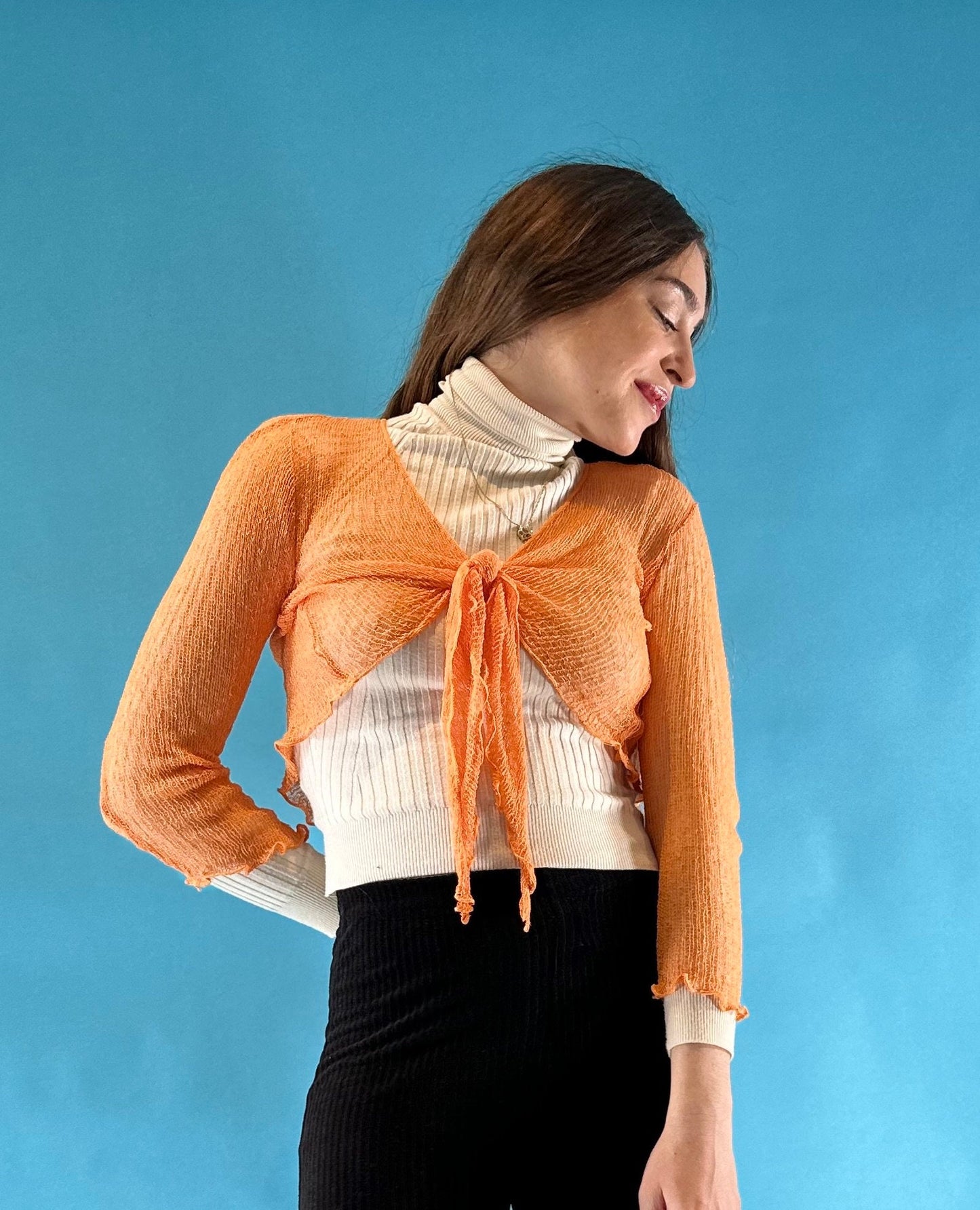 Vintage Y2K 2000s Orange Cropped Crochet Tie Up Cardigan Bolero with 3/4 Length Sleeves.