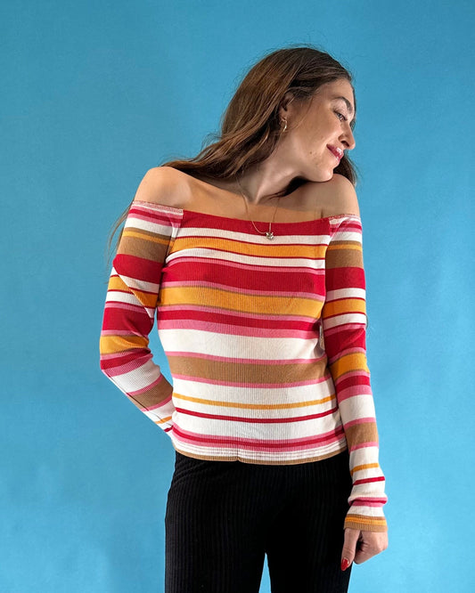 Vintage Y2K 2000s Off The Shoulder Red White Ribbed Long Sleeve Striped Top.