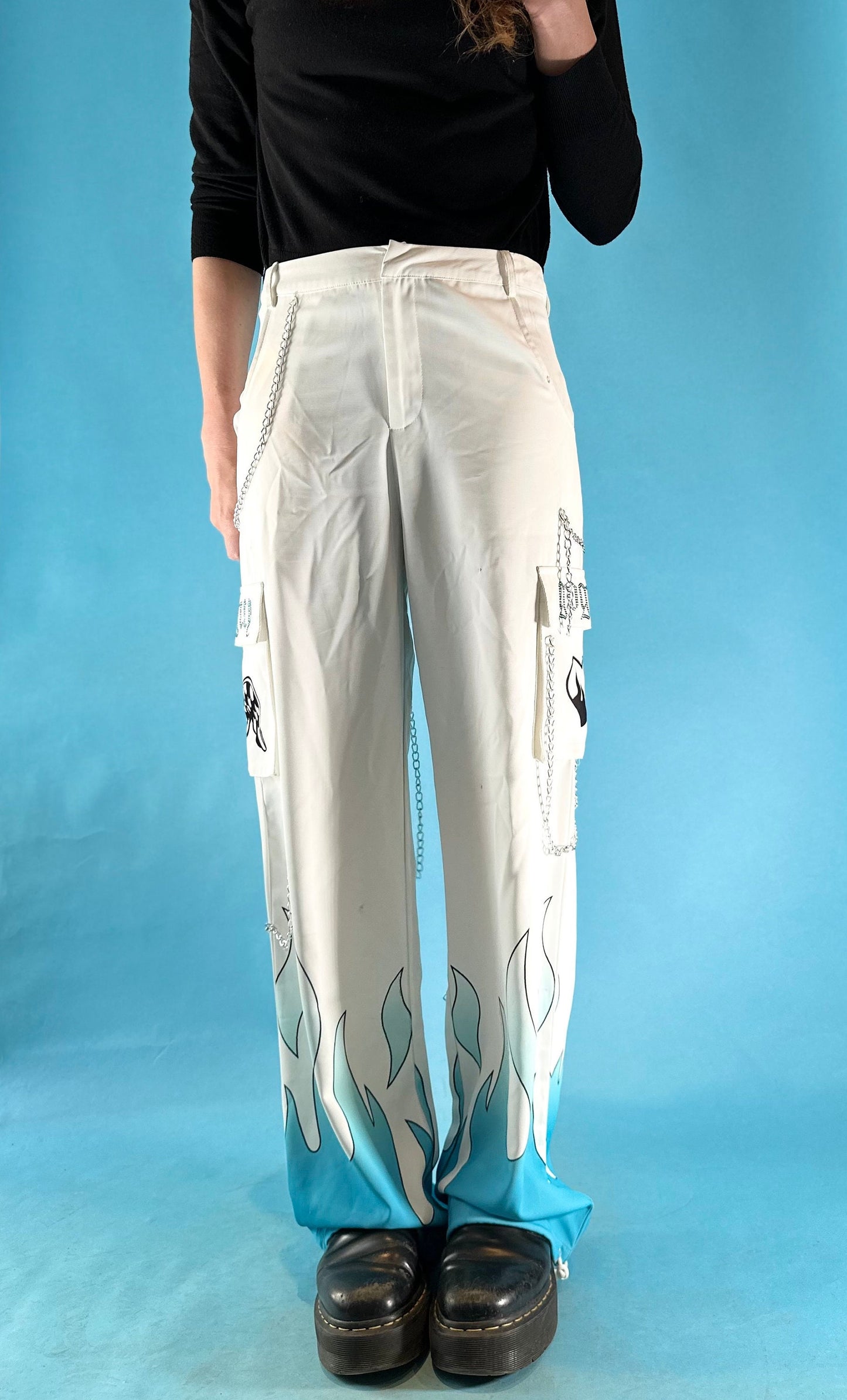 Vintage 1990s Y2K Baggy Wide Leg White Cargo Trousers with Blue Flames.