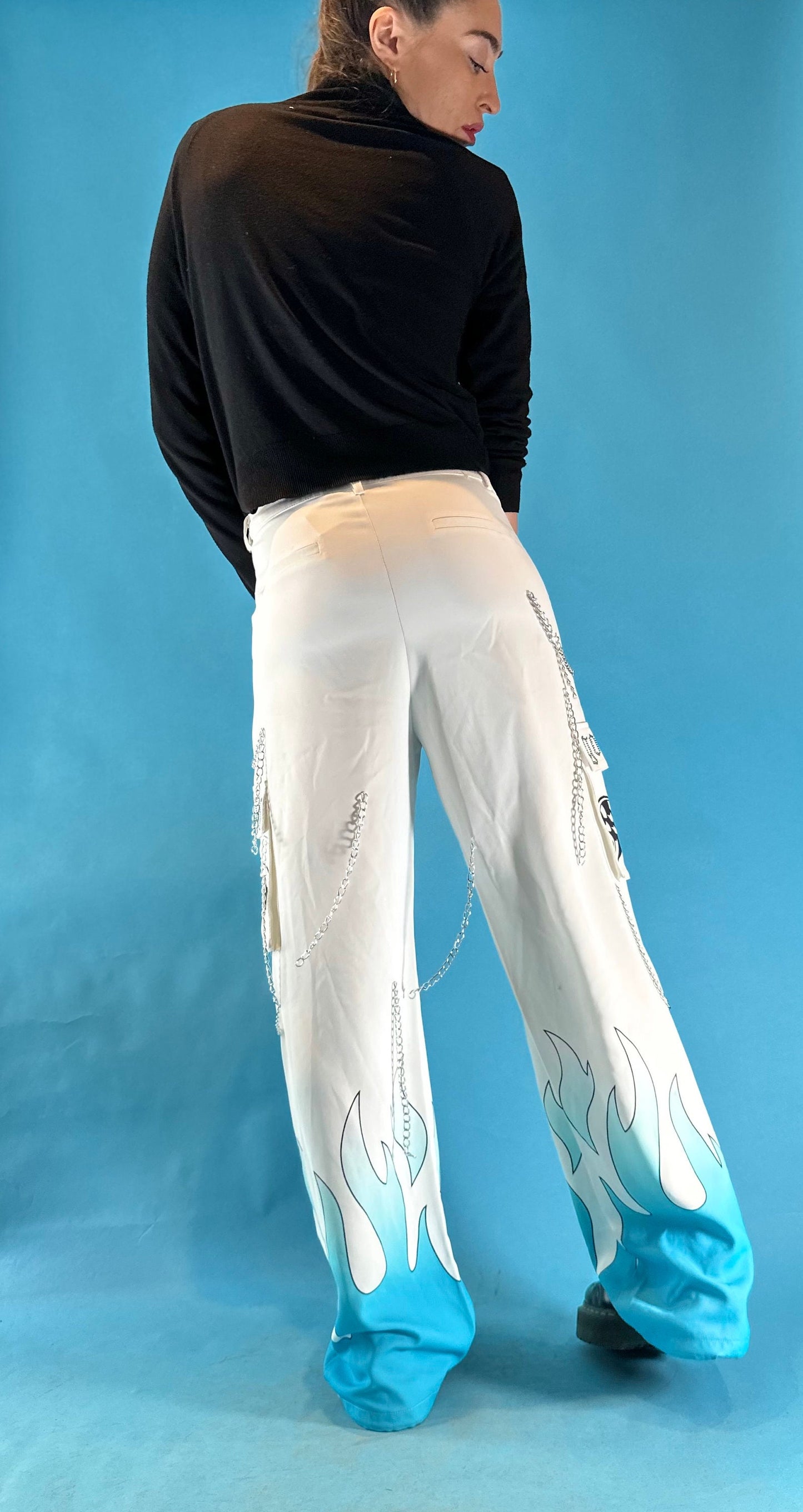 Vintage 1990s Y2K Baggy Wide Leg White Cargo Trousers with Blue Flames.