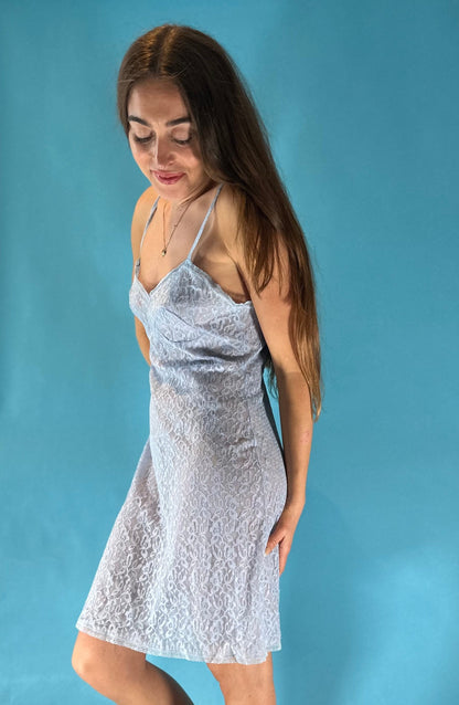 Vintage 1990s 2000s Y2K Baby Blue Sheer Lace Slip Dress.