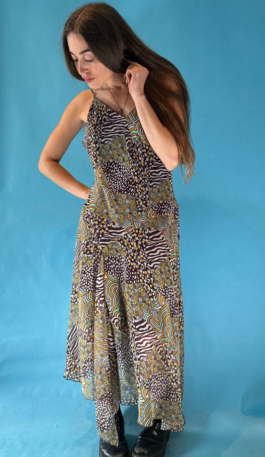 Vintage 2000s Y2K Mixed Animal Floral Print Asymmetric Hem Dress