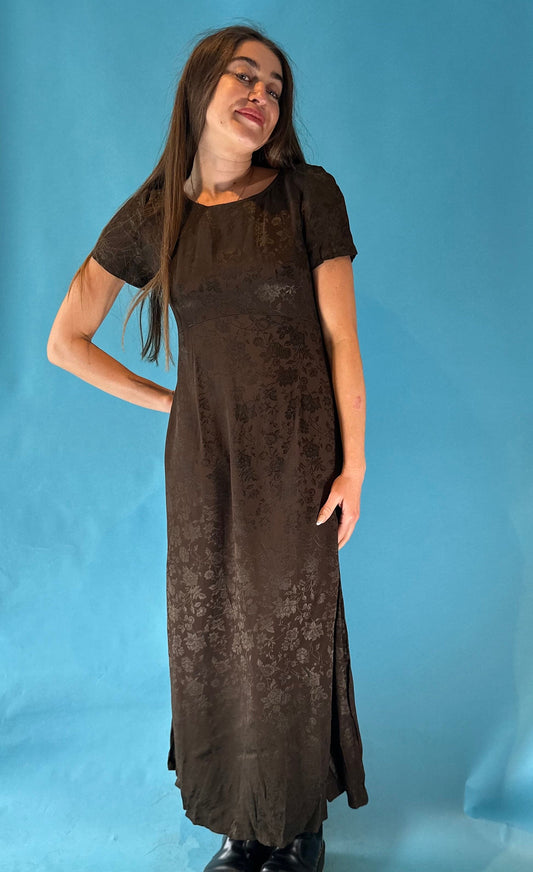 Vintage 1970s Laura Ashley Brown Floral Jacquard T Shirt Sleeve Maxi Dress.