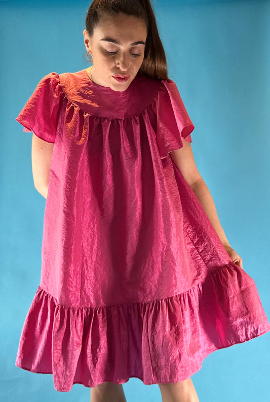 Vintage Y2K Hot Pink Frilly Taffeta Babydoll Dress.