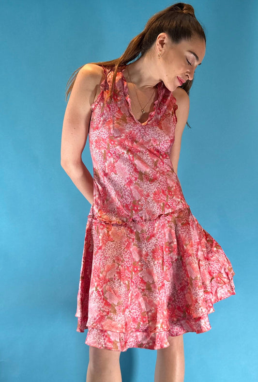 Vintage 1980s Pink Floral Silk Knee Length Dropped Hem Dress with Frill Trim.