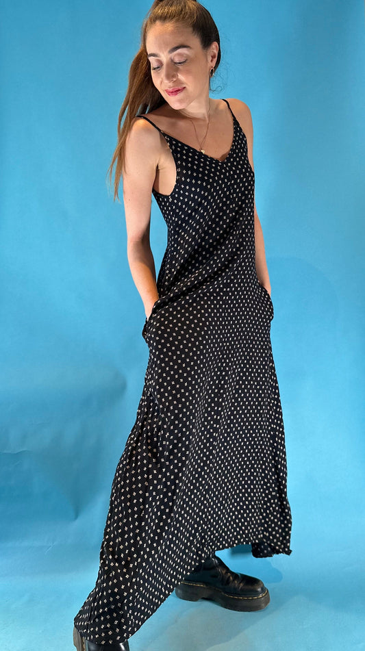 Vintage 1990s Black and White Leaf Pattern Printed Maxi Dress with Pockets.