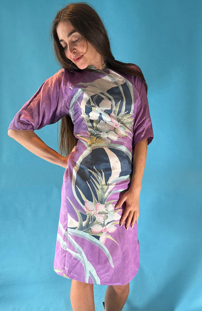 Vintage 1990s Purple Oriental Floral Printed Silky Knee Length Dress.