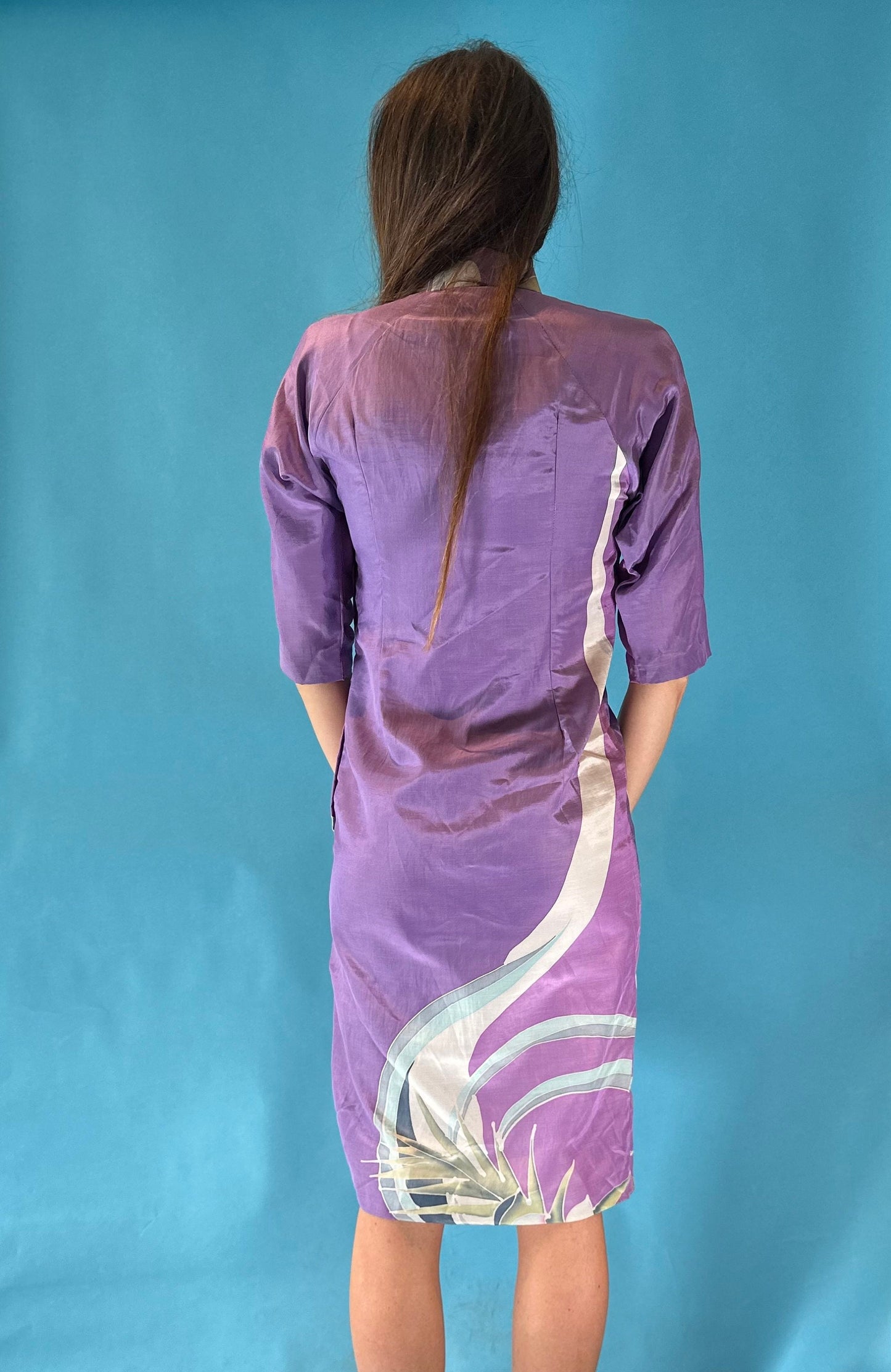 Vintage 1990s Purple Oriental Floral Printed Silky Knee Length Dress.