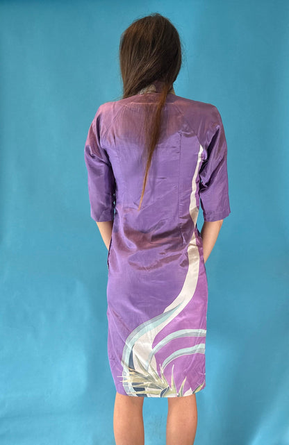Vintage 1990s Purple Oriental Floral Printed Silky Knee Length Dress.