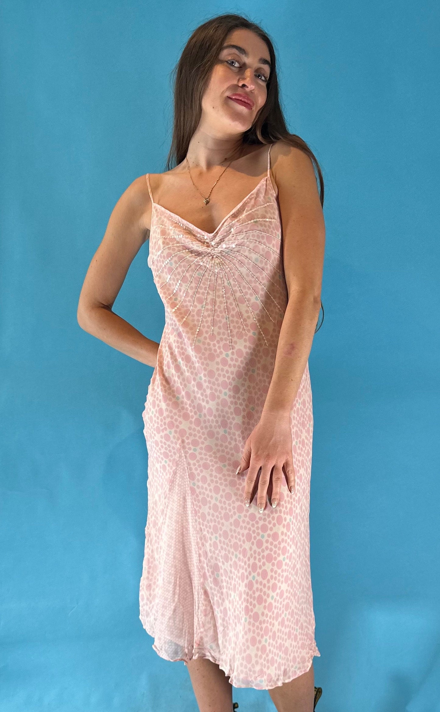 Vintage 1990s Y2K 2000s Pink Spotted Slip Midi Dress.