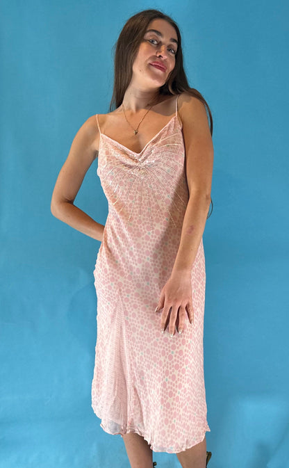 Vintage 1990s Y2K 2000s Pink Spotted Slip Midi Dress.