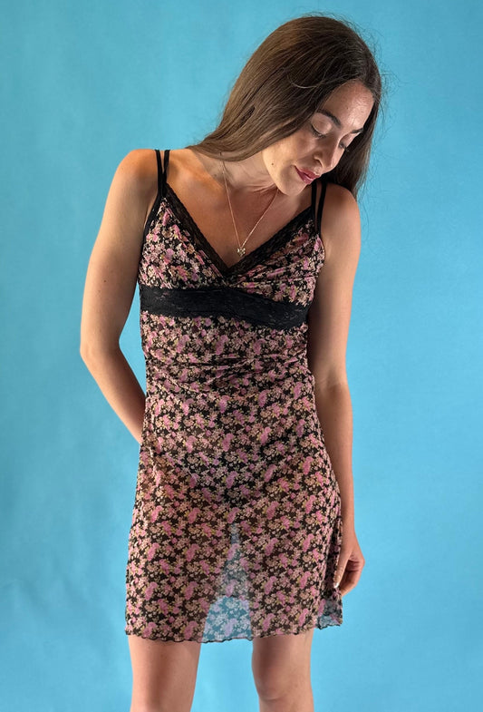 Vintage Y2K 2000s Rose Print Mesh Mini Dress with cami top.