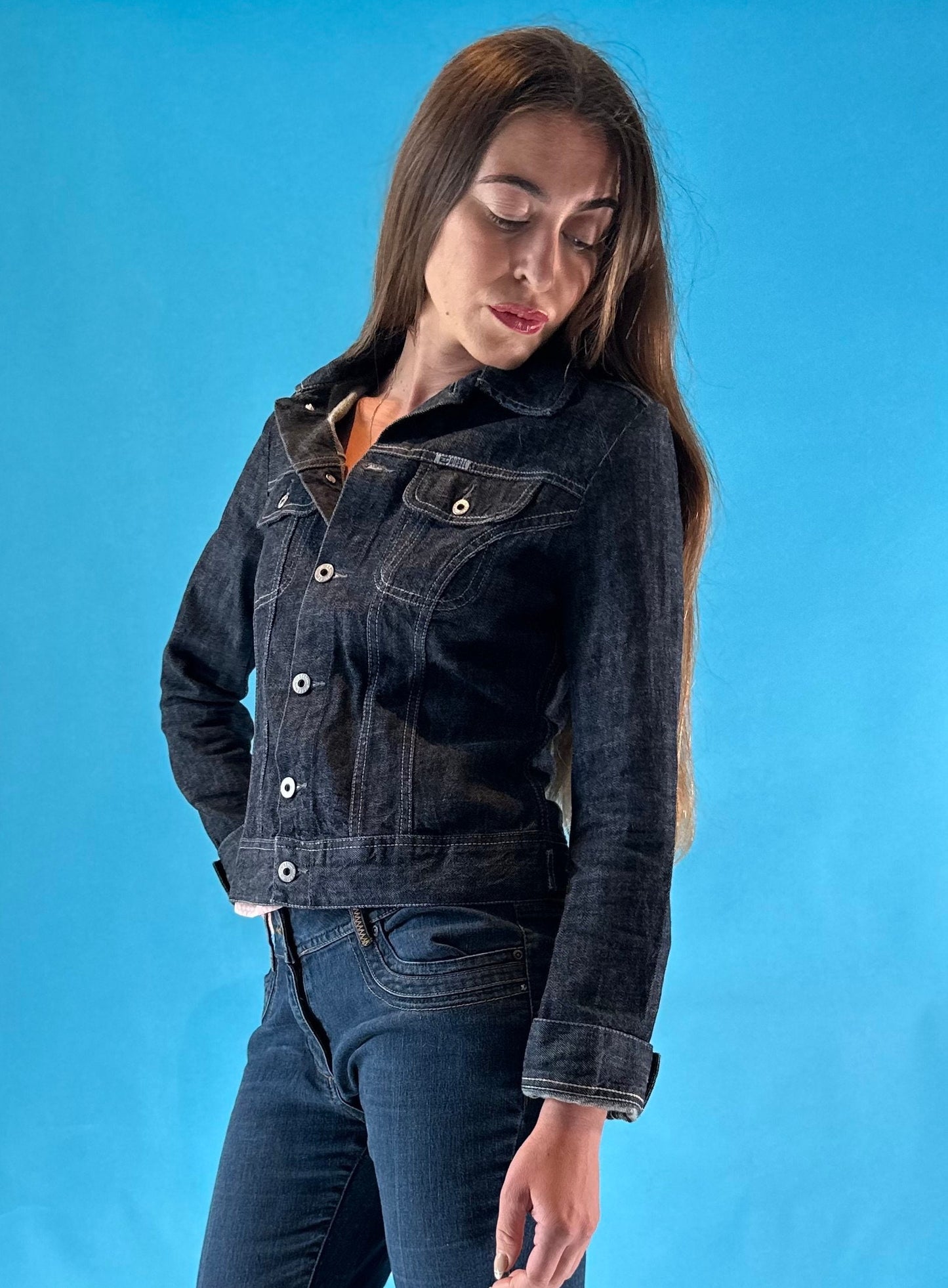 Vintage Diesel Y2K 2000s Dark Blue Cropped Denim Jean Jacket.