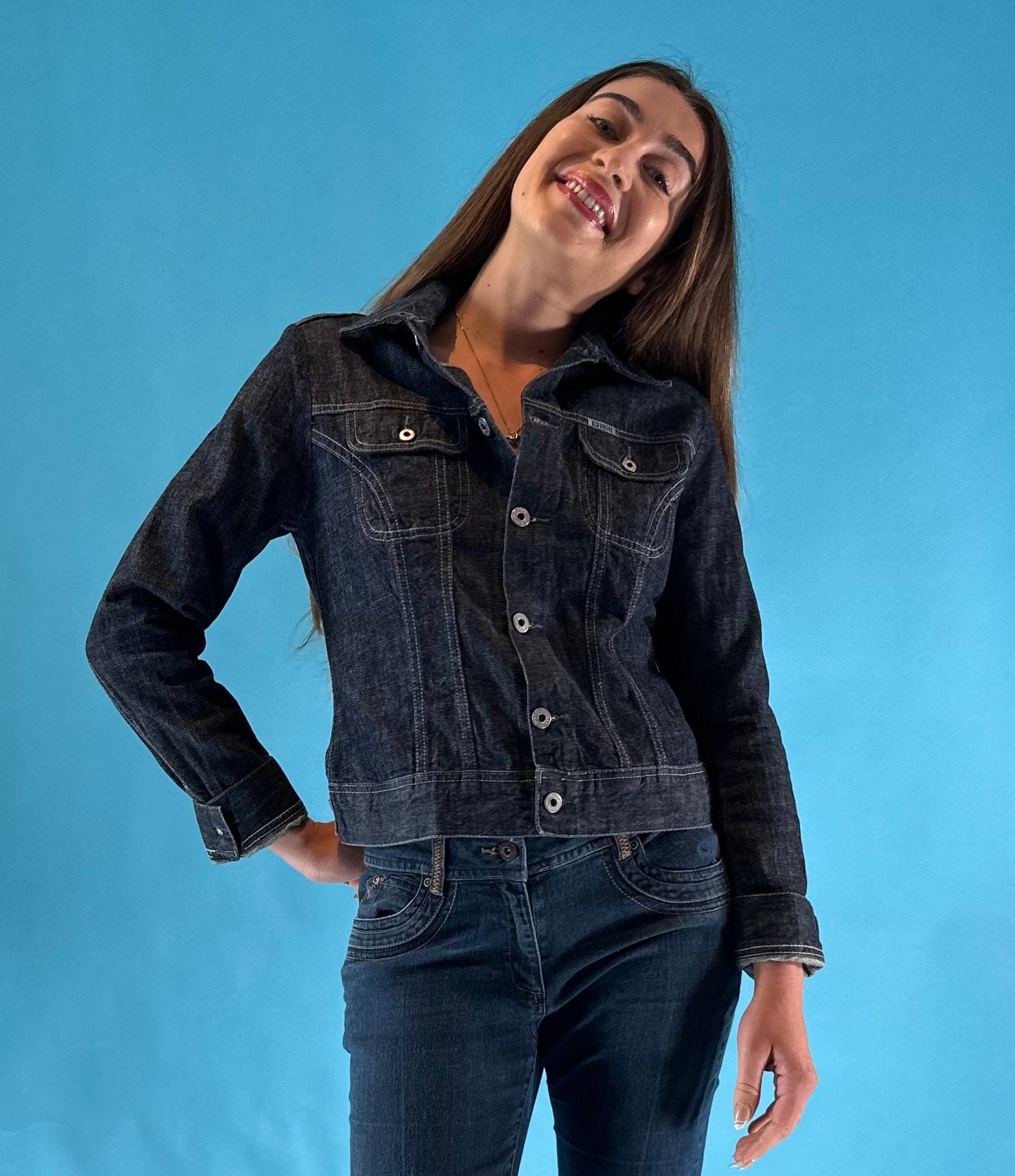 Vintage Diesel Y2K 2000s Dark Blue Cropped Denim Jean Jacket.