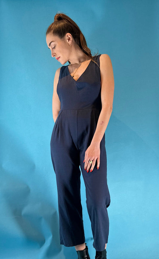 Vintage 1980s Navy V Neck Jumpsuit.