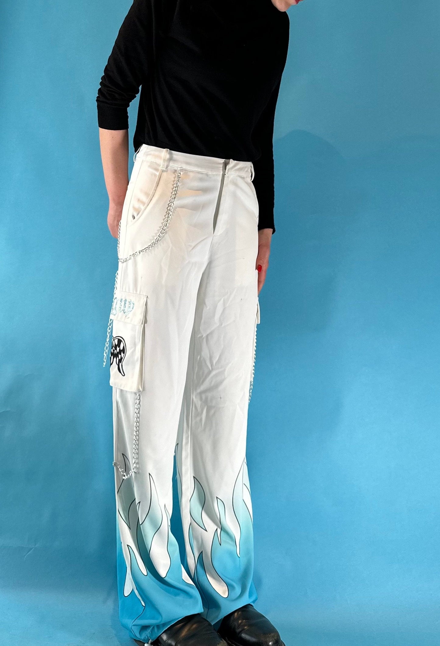 Vintage 1990s Y2K Baggy Wide Leg White Cargo Trousers with Blue Flames.