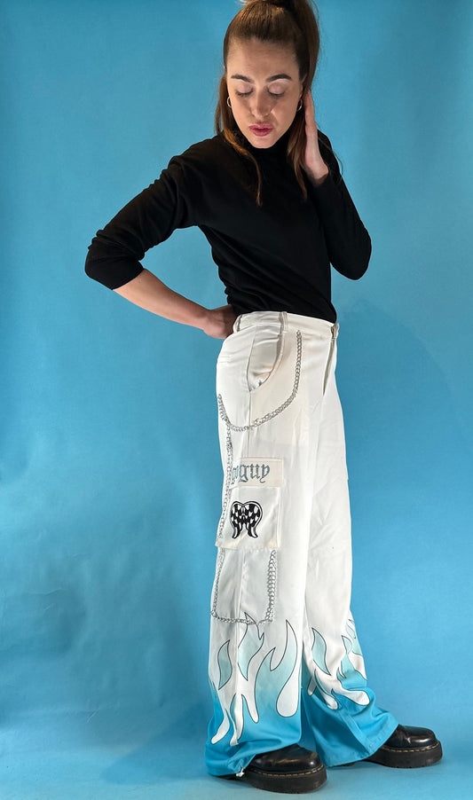 Vintage 1990s Y2K Baggy Wide Leg White Cargo Trousers with Blue Flames.