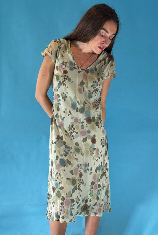 Vintage 1990s Laura Ashely Long Printed Chiffon Midi Dress.
