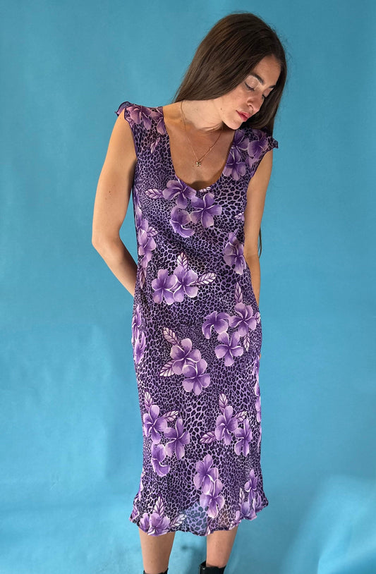 Vintage 1980s Purple Leopard and Floral Printed Midi Dress.