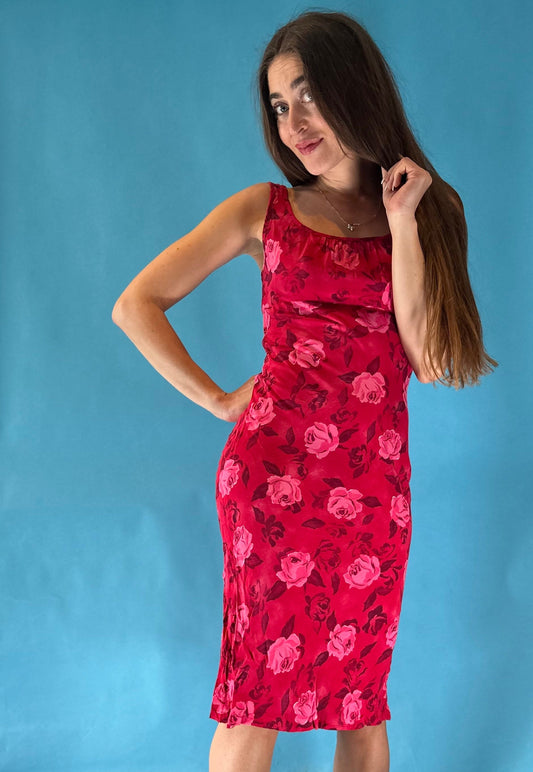 Vintage 1980s Style Red Pink Floral Printed Square Neck Bodycon Midi Dress.