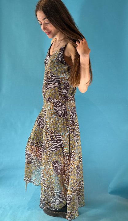 Vintage 2000s Y2K Mixed Animal Floral Print Asymmetric Hem Dress