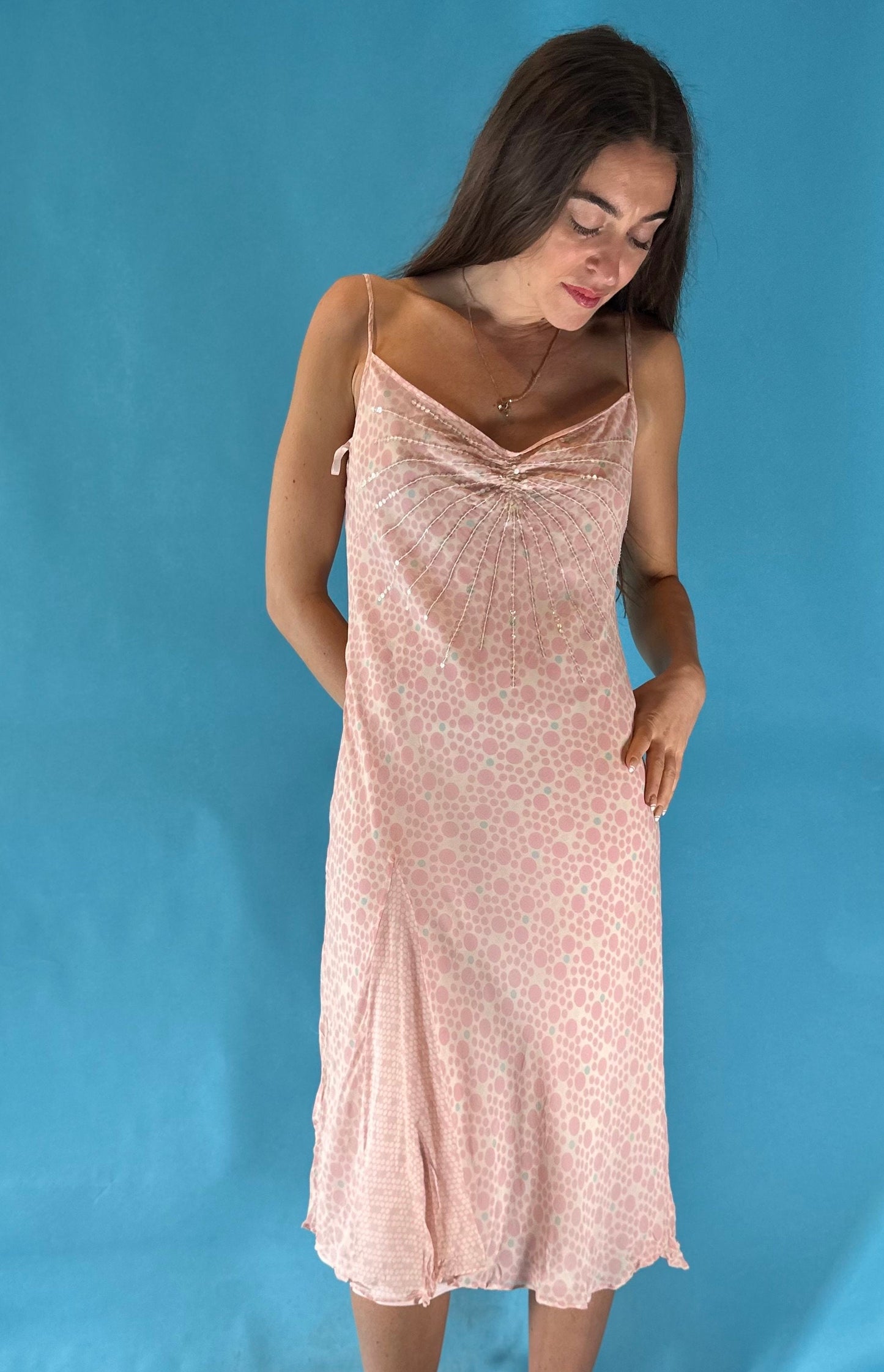 Vintage 1990s Y2K 2000s Pink Spotted Slip Midi Dress.