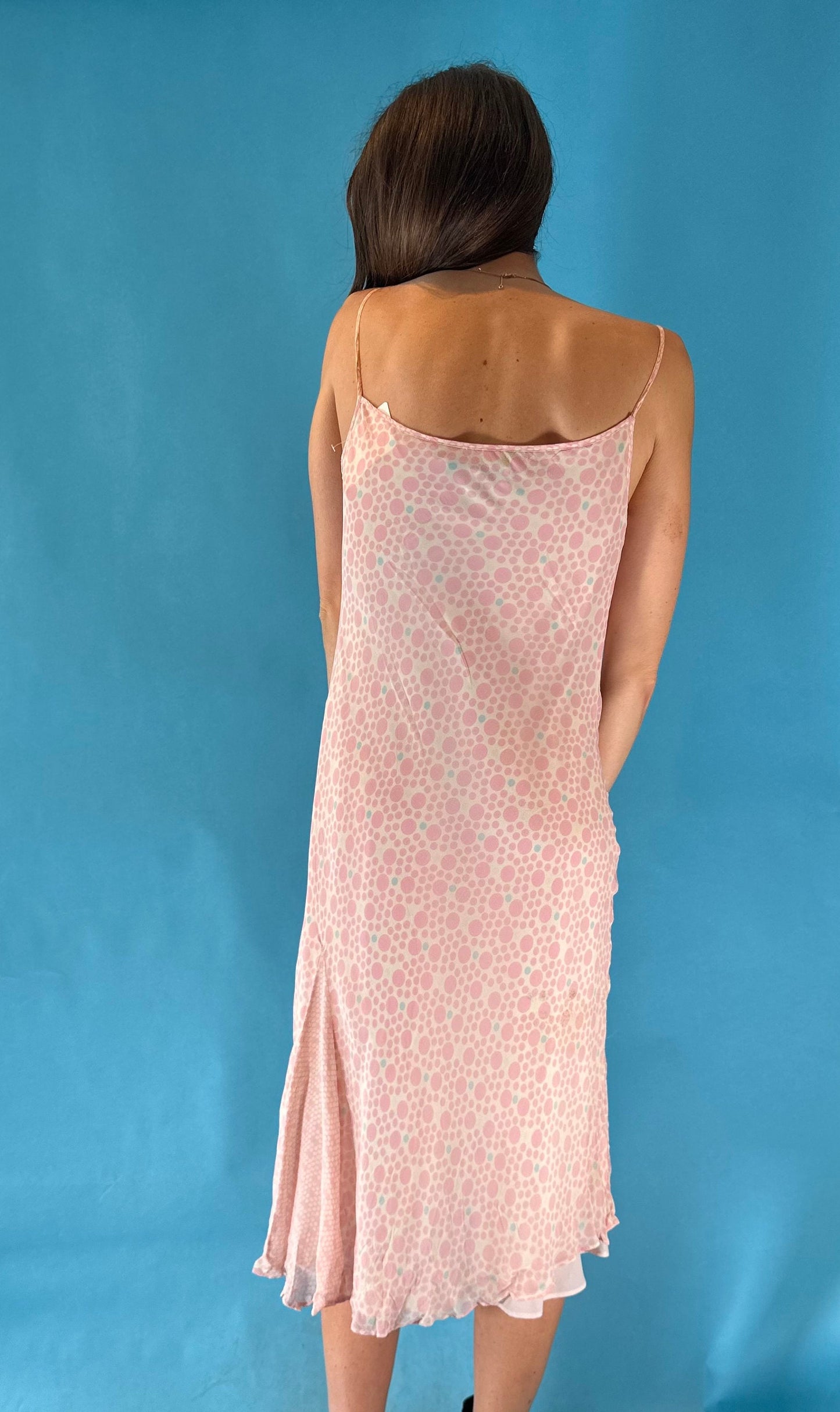 Vintage 1990s Y2K 2000s Pink Spotted Slip Midi Dress.