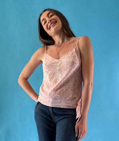 Vintage Y2K Pink Silk Sequin Embellished Cami Top with tie.