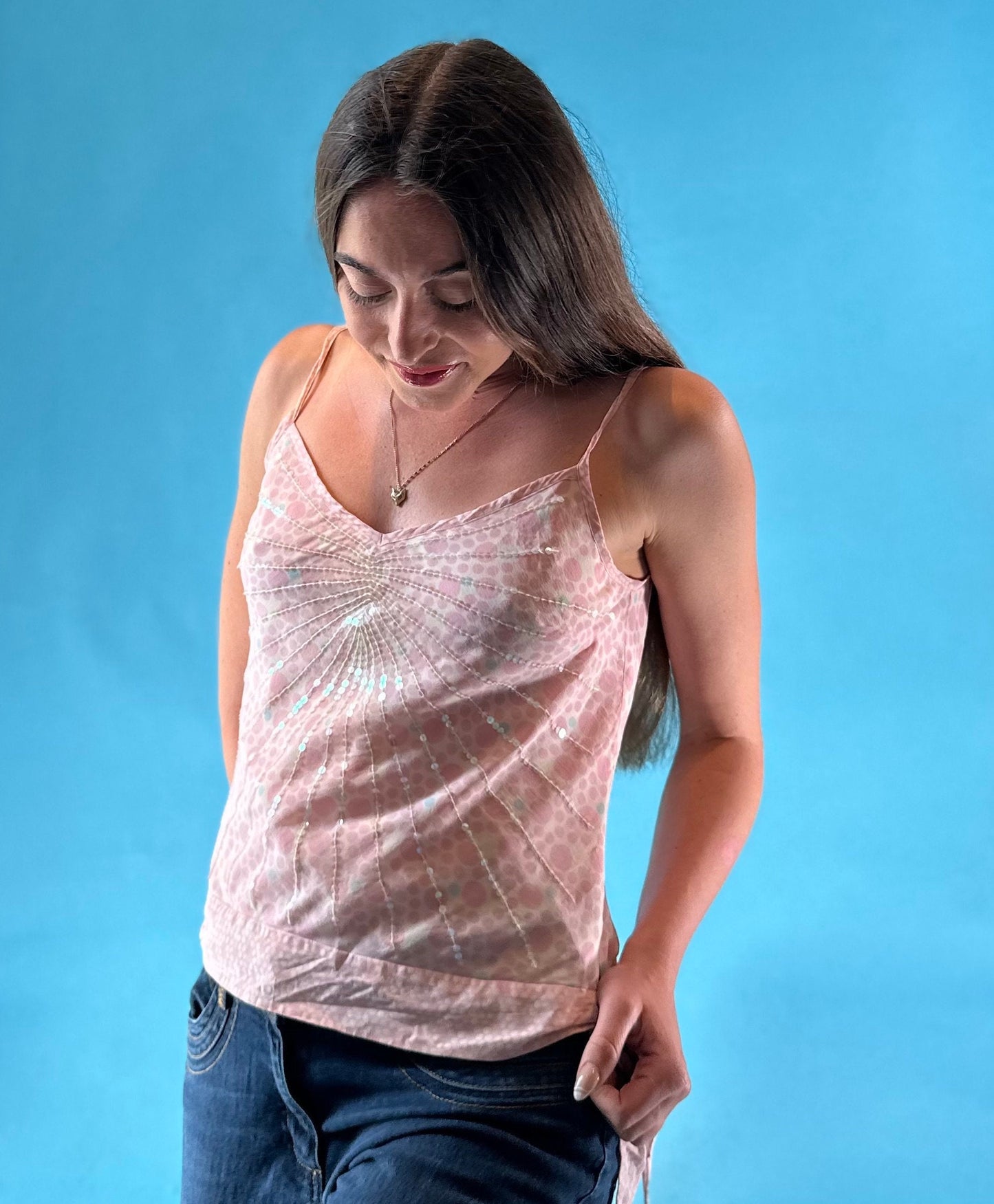 Vintage Y2K Pink Silk Sequin Embellished Cami Top with tie.