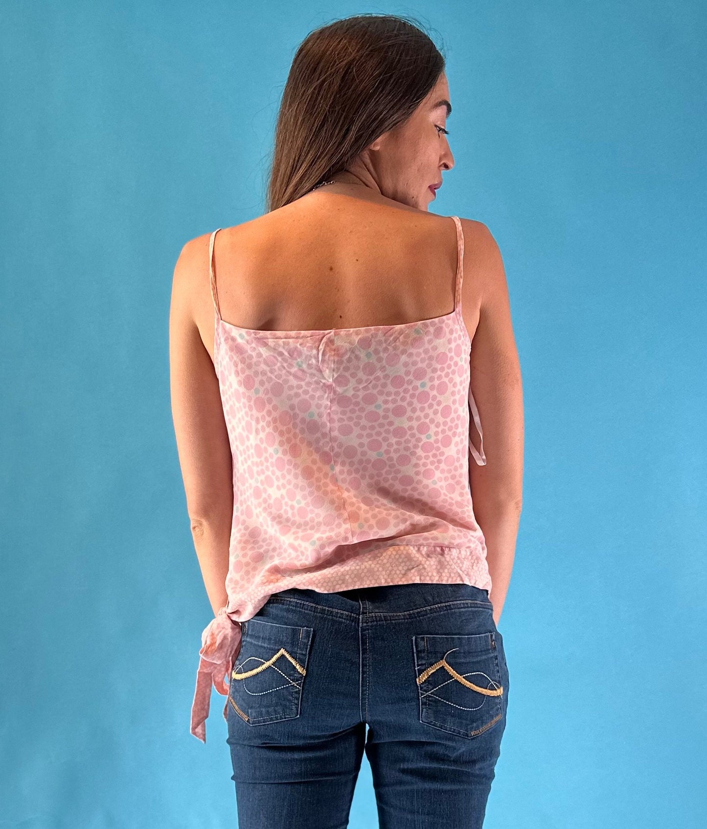 Vintage Y2K Pink Silk Sequin Embellished Cami Top with tie.