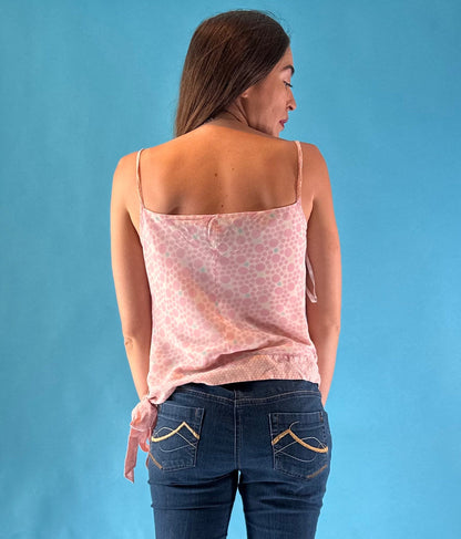 Vintage Y2K Pink Silk Sequin Embellished Cami Top with tie.