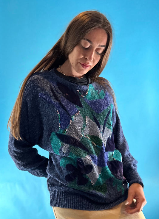 Vintage 1980s Knitted Blue Abstract Pattern Jumper.