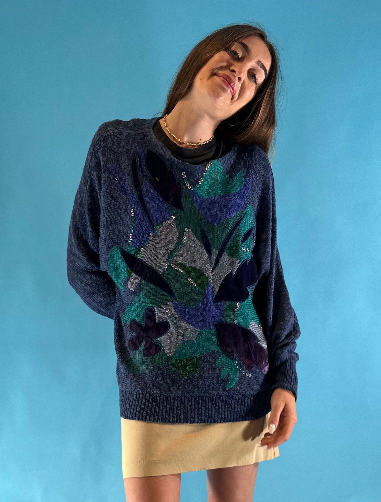 Vintage 1980s Knitted Blue Abstract Pattern Jumper.