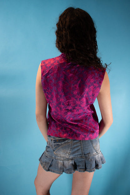Vintage Y2K Size S/M Brocade Mandarin Sleeveless Top in Pink and Purple.