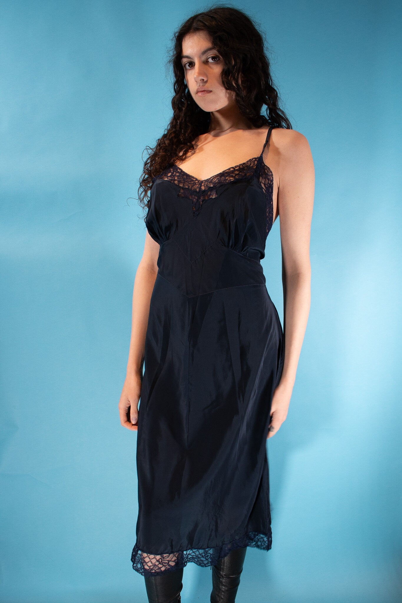 Vintage Size L Slip Dress with Lace in Midnight Blue.