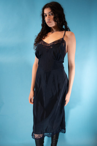 Vintage Size L Slip Dress with Lace in Midnight Blue.