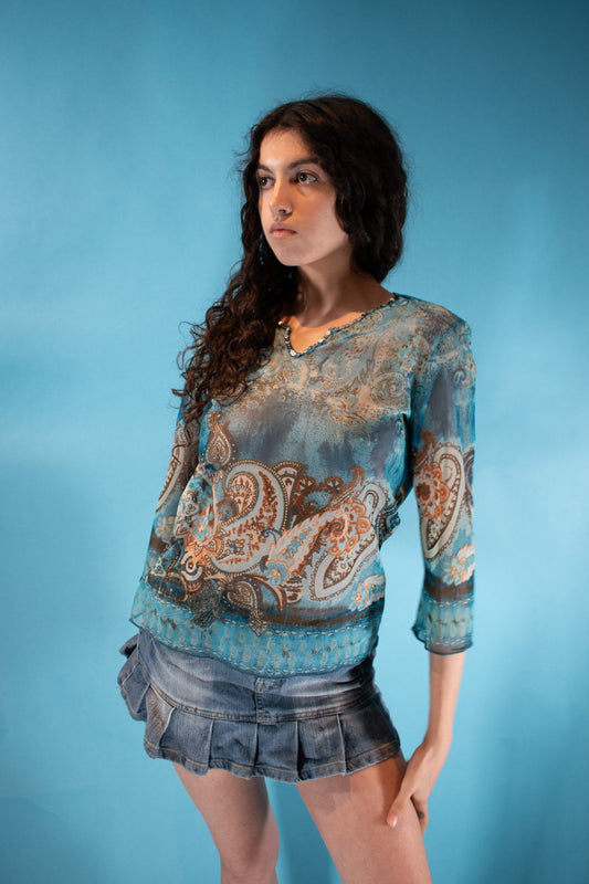 Vintage Y2K Size M Semi Sheer Paisley Printed Top in Blue and Multi Colour.
