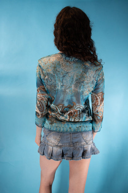 Vintage Y2K Size M Semi Sheer Paisley Printed Top in Blue and Multi Colour.