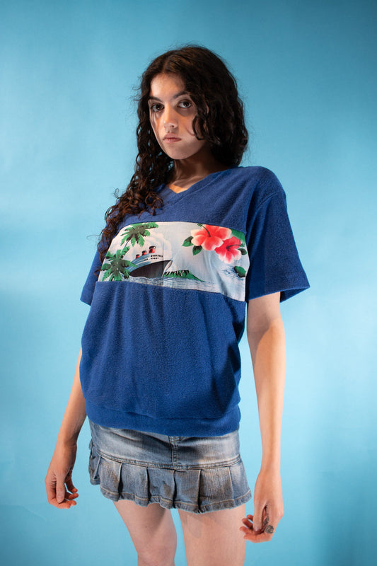 Vintage Y2K Size L Paradise Towelling T-Shirt in Blue.